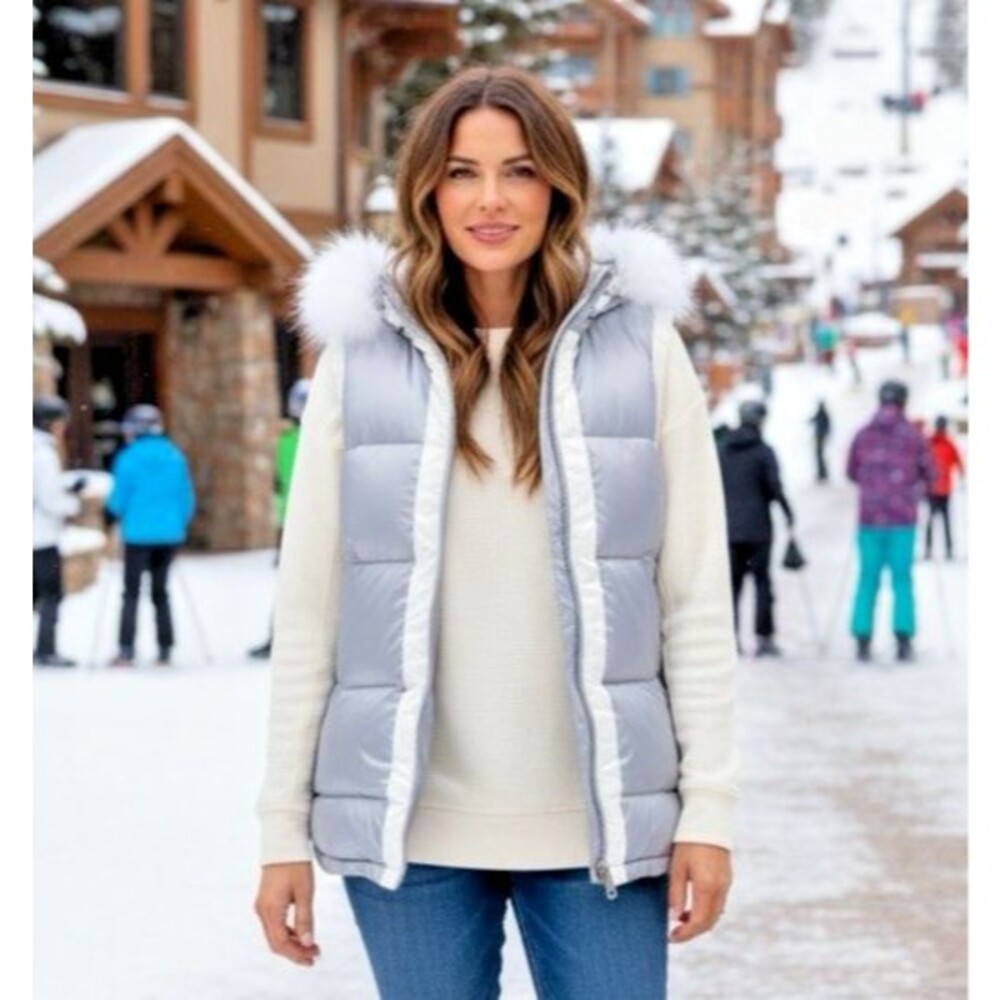 Sundance womens NEW faux fur trim hooded pockets zipped puffer vest Large